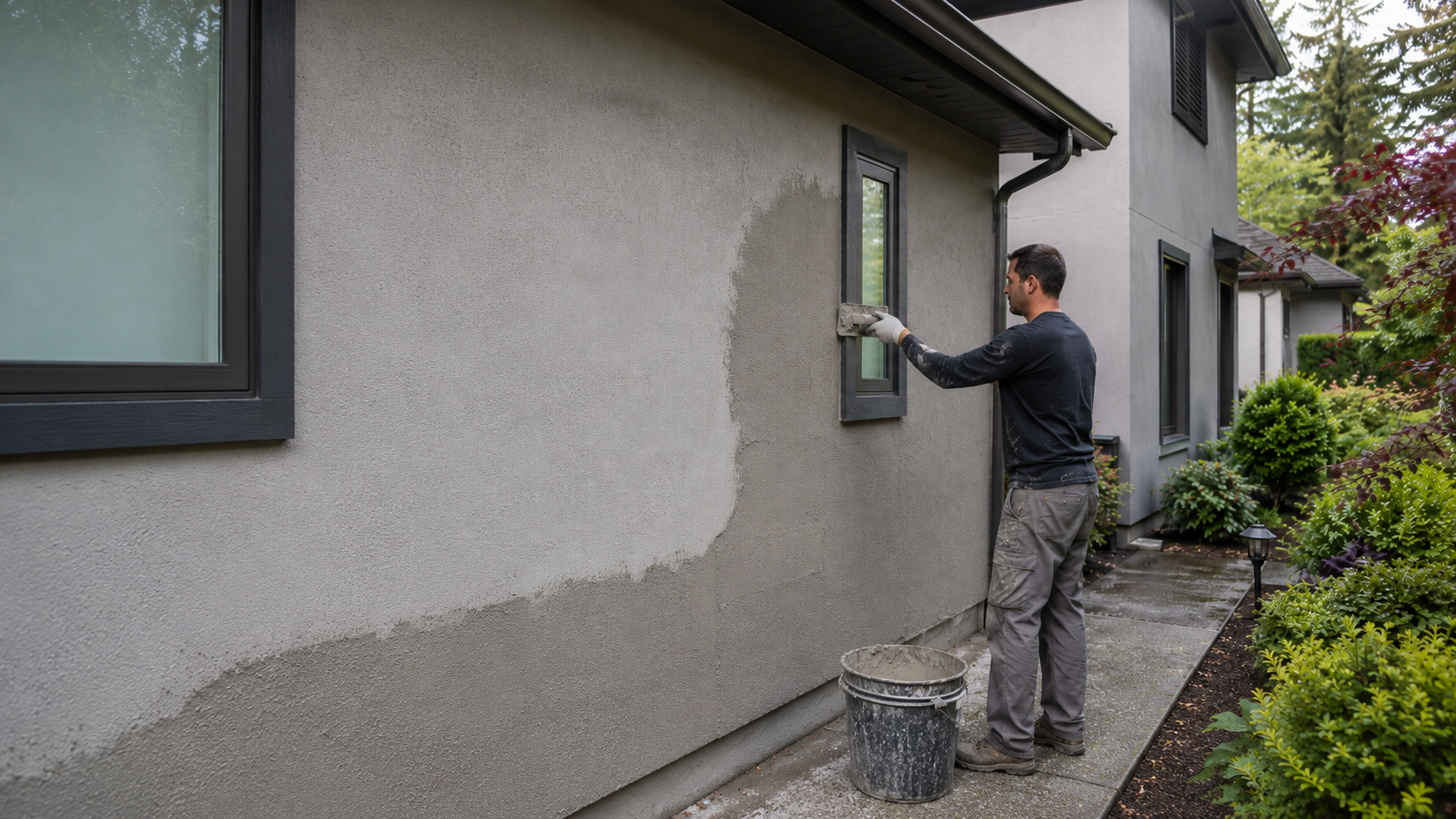 Man applying new stucco to exterior of Seattle home